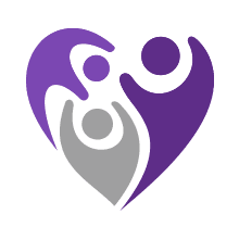 three purple graphic figures sitting and talking at a table