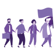 four purple graphic figures walking hand in hand