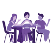 three purple graphic figures sitting and talking at a table