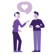 two purple graphic figures standing and talking to eachother