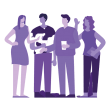 four purple graphic figures standing and talking to eachother closely