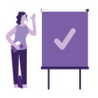one purple graphic figure standing next to a purple white board with a tick on it
