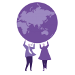 two purple graphic figures holding up a round world