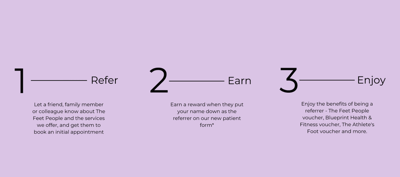 Three referrer reward program benefits listed on a purple background