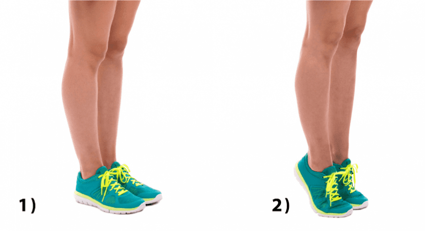 Two pairs of feet in green sneakers, one with feet flat on the floor, the other with the heels raised