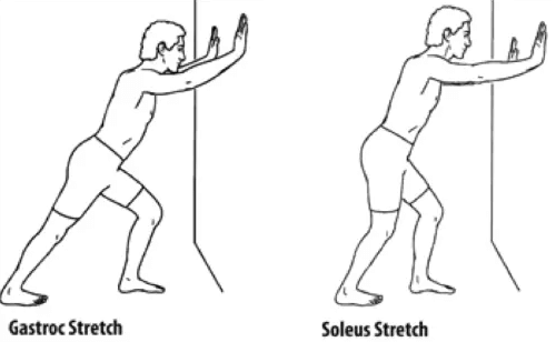 A drawing of a man performing wall calf stretches including gastroc stretch and soleus stretch