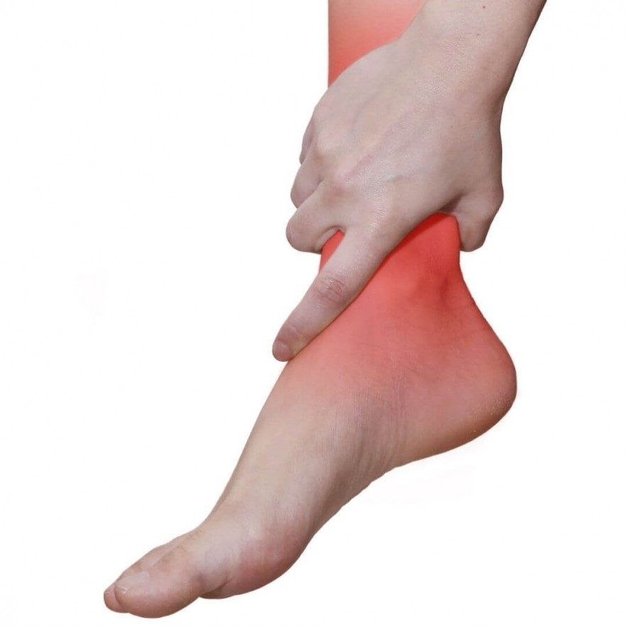A side view of a foot with a hand holding the ankle. The ankle is highlighted red signifying pain