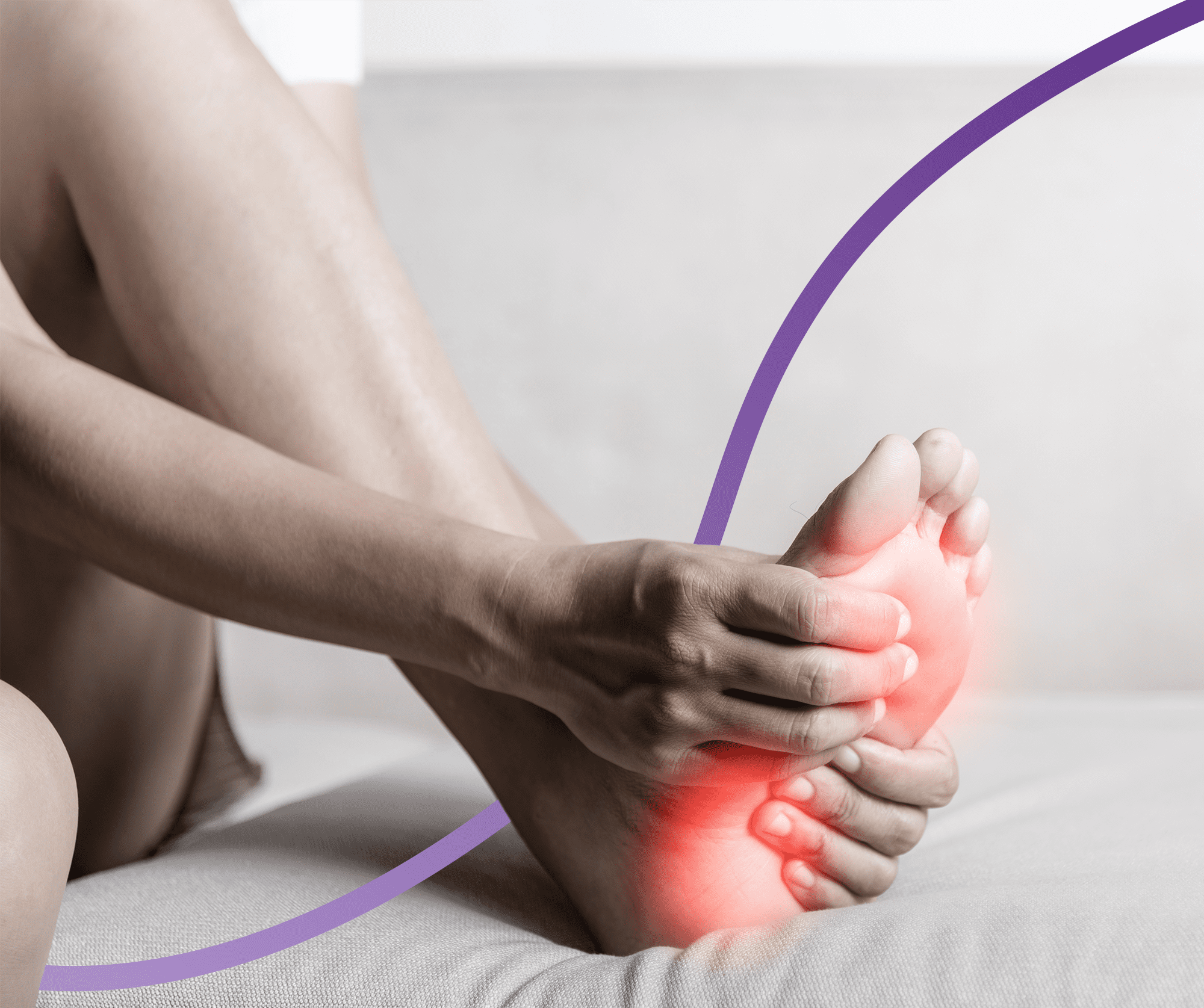 Back of two feet and ankles with a highlighted red area over the Achilles tendinopathy showing pain