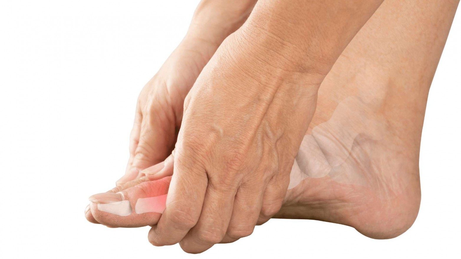 Hands holding a foot, shown from a side angle, that has a faint, vector foot bone showing 
